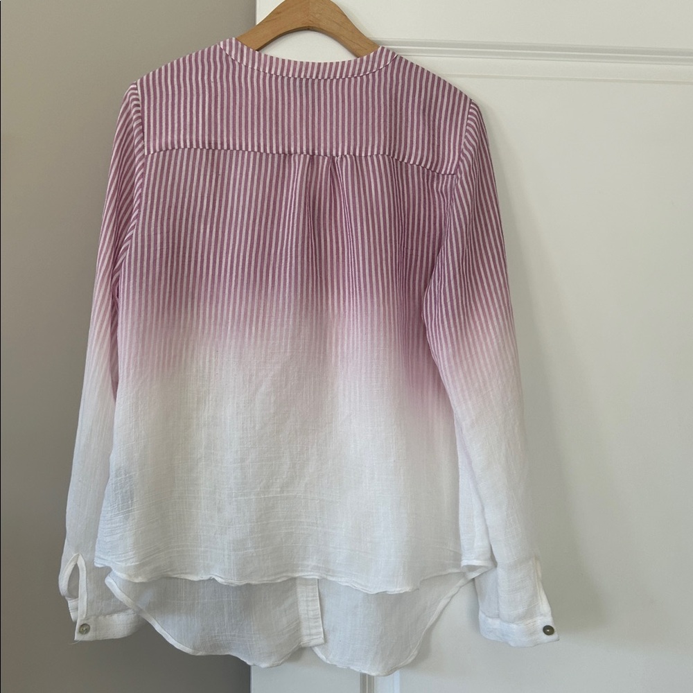 Zac & Rachel Ombre Stripe Purple Blouse Sz L w MEASUREMENTS Roll Tabs in Sleeves - Picture 8 of 11